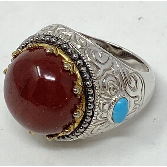 Sterling Silver 925 Brown Amber Stone Dome Ring Size 8 Turquoise Embellishment - Picture 7 of 8